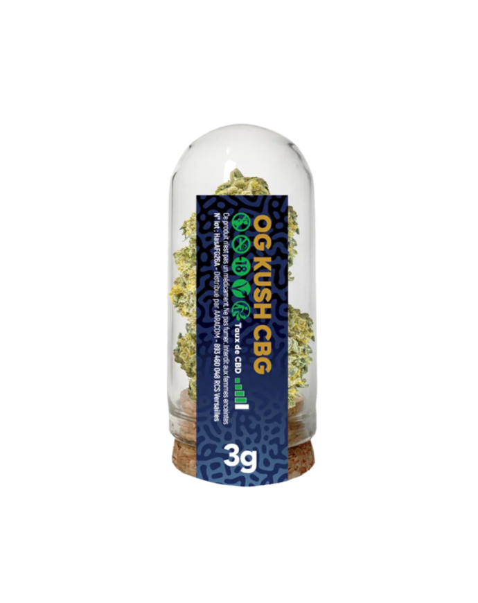 Glass container with cannabis buds labeled 'OG Kush CBG' on a white background