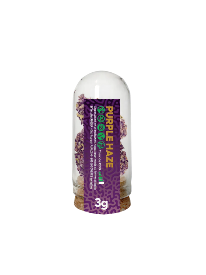 Cannabis product packaging labeled 'Purple Haze' with a white background