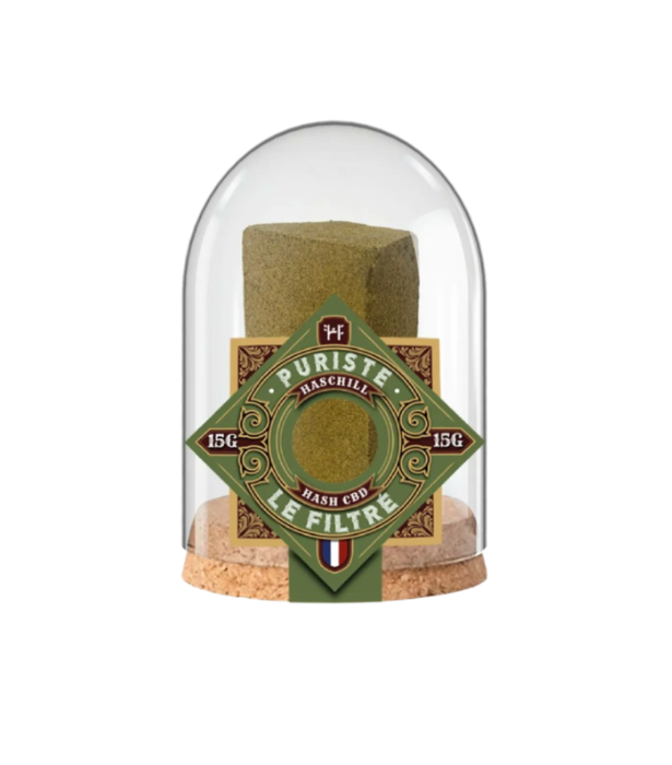 Hash product in a glass dome with a label on a white background