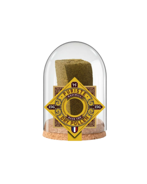 Hash product in a glass dome with a label on a white background